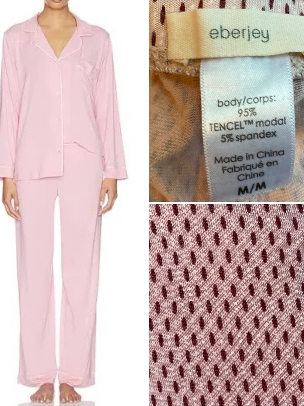 EBERJEY $158 Gisele Printed TENCEL™ Modal PJ Set Pink w Red Dash Print Med EUC